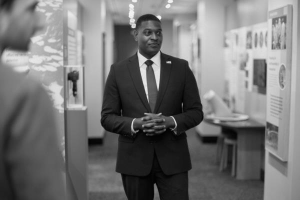 black and white image of Michael Regan at the EPA headquarters