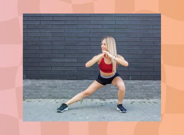 blo<em></em>nde woman doing side lunge exercise outside on sidewalk