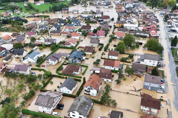 A drone view shows a flooded residential area in Kiseljak, Bosnia and Herzegovina