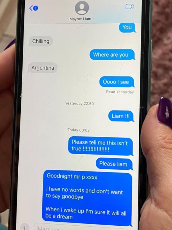 Pictures of Jodie Richards' iphone screen showing a text message exchange with Liam Payne before his death. Richards taught Payne at her performing arts company in Wolverhampton.