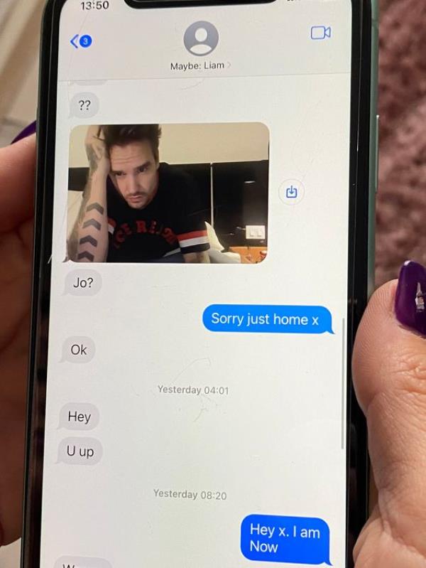 Pictures of Jodie Richards' iphone screen showing a text message exchange with Liam Payne before his death. Richards taught Payne at her performing arts company in Wolverhampton.