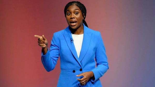 Co<em></em>nservative leadership candidate Kemi Badenoch addresses members during the Co<em></em>nservative Party Co<em></em>nference at the Internatio<em></em>nal Co<em></em>nvention Centre in Birmingham, England, Wednesday, Oct. 2, 2024.(AP Photo/Kin Cheung)