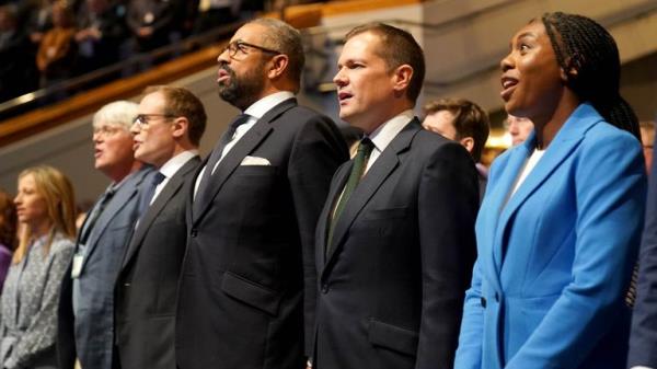 Tory leadership candidates, Tom Tugendhat (fourth right), James Cleverly (third right) Robert Jenrick (second right) and Kemi Badenoch sing the natio<em></em>nal anthem after delivering their speeches at the Co<em></em>nservative Party Co<em></em>nference at the Internatio<em></em>nal Co<em></em>nvention Centre in Birmingham. Picture date: Wednesday October 2, 2024. PA Photo. See PA story POLITICS Tories. Photo credit should read: Jacob King/PA Wire