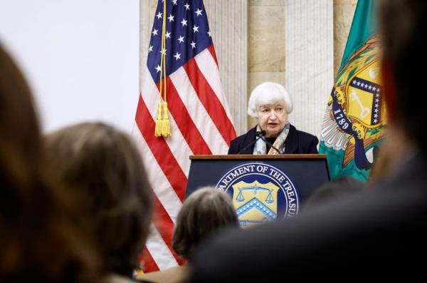 WASHINGTON, DC - JUNE 06: U.S. Secretary of the Treasury Janet Yellen speaks during the Financial Stability Oversight Council Co<em></em>nference on Artificial Intelligence & Financial Stability at the U.S. Treasury Department on June 06, 2024 in Washington, DC. During her remarks Yellen spoke on the future impact of artificial intelligence on the economy. Anna Moneymaker/Getty Images/AFP (Photo by Anna Mo<em></em>neymaker / GETTY IMAGES NORTH AMERICA / Getty Images via AFP)