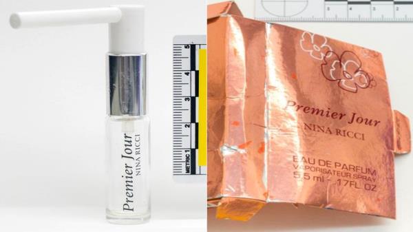 Packaging for a counterfeit bottle of perfume that was recovered from Charlie Rowley's home after he and his partner Dawn Sturgess were poisoned