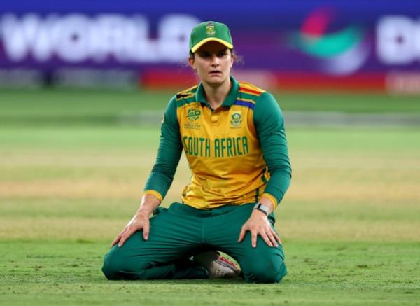 DUBAI, UNITED ARAB EMIRATES - OCTOBER 17: Laura Wolvaardt of South Africa reacts during the ICC Women's T20 World Cup Semi-Final between Australia and South Africa at Dubai Internatio<em></em>nal Stadium on October 17, 2024 in Dubai, United Arab Emirates. (Photo by Francois Nel/Getty Images)