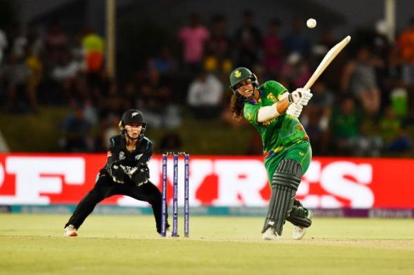 Chloe Tryon of South Africa during the ICC Women's T20 World Cup match with New Zealand at Boland Park on February 13, 2023 in Paarl, South Africa.