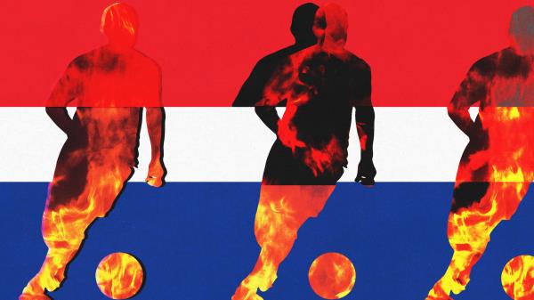 Photo illustration of silhouettes of three men running with soccer balls, with fire running through them, over a flag of red, white and blue stripes