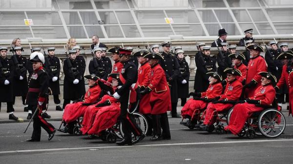 Military veterans march on Whitehall during the Remembrance Sunday service at the Cenotaph in London. Picture date: Sunday November 10, 2024. PA Photo. See PA story ROYAL Remembrance. Photo credit should read: Aaron Chown/PA Wire 