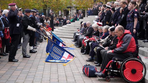 Military veterans during a minute of silence during a Remembrance Sunday service in Guildhall Square, Portsmouth.