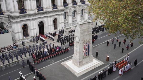 King Charles III salutes after laying a wreath at the Cenotaph in Lo<em></em>ndon during the Remembrance Sunday service. Picture date: Sunday November 10, 2024.