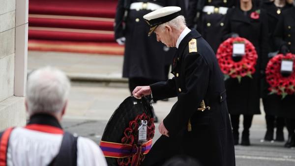 King Charles III lays a wreath during the Remembrance Sunday service at the Cenotaph in London. Picture date: Sunday November 10, 2024.