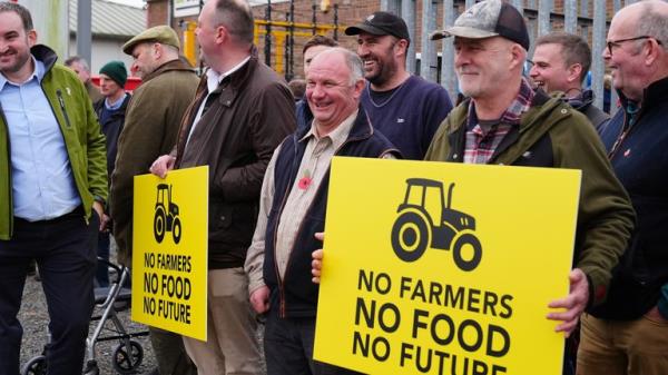 Farmers protested against the plan outside a farming co<em></em>nference in Northumberland. Pic: PA