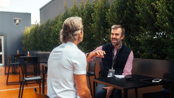 CAR magazine's digital editorial director Tim Pollard (right) interviews Stephan Winkelmann (left)