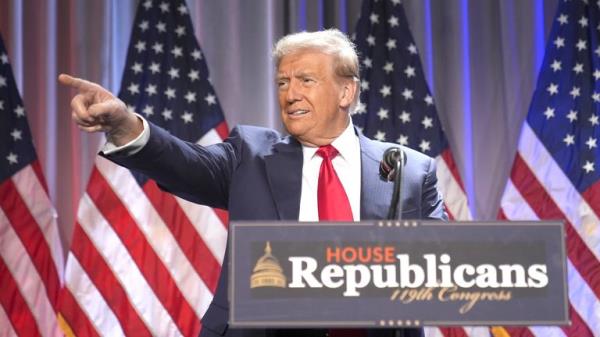 President-elect Do<em></em>nald Trump speaks as he arrives for a meeting with the House GOP conference, Wednesday, Nov. 13, 2024, in Washington. (AP Photo/Alex Brandon)