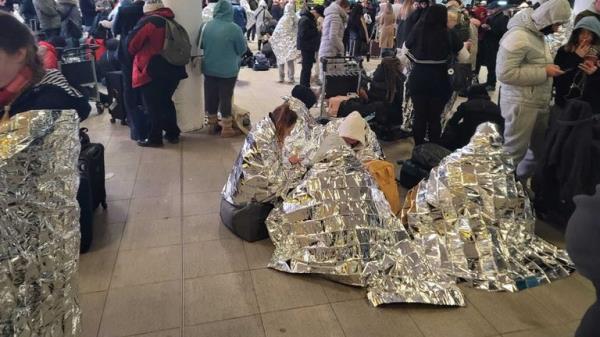 Passengers facing delays have been handed blankets by staff at the airport