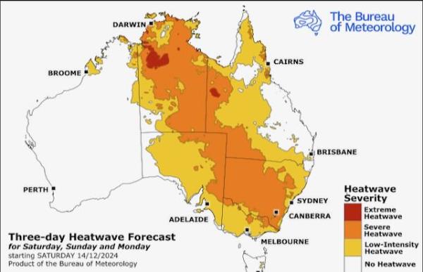 Severe heatwave in Australia: Map of Australia with swath going up from southeast to north, indicating location of heatwave.