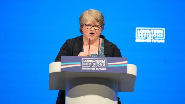 Enviro<em></em>nment Secretary Therese Coffey delivers a speech during the Co<em></em>nservative Party annual co<em></em>nference at the Manchester Central co<em></em>nvention complex. Picture date: Mo<em></em>nday October 2, 2023.