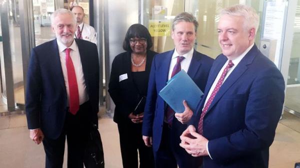 (Left-right) Labour leader Jeremy Corbyn, Labour Shadow Home Secretary Diane Abbott, Sir Keir Starmer and First Minister of Wales Carwyn Jo<em></em>nes at EU headquarters in Brussels.
Pic: PA