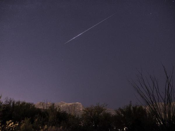 A purple-dark sky above a mountainous crag and bushes, with a single long streaking meteor in the sky.