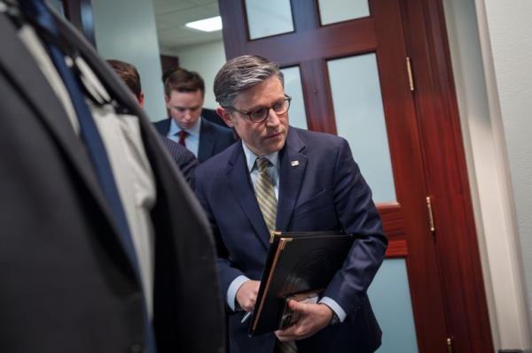 Mike Johnson emerges from a closed-door meeting with Co<em></em>ngress members