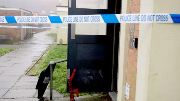 A police shield and battering ram at the scene on Fownhope Close in Redditch.
Pic: PA