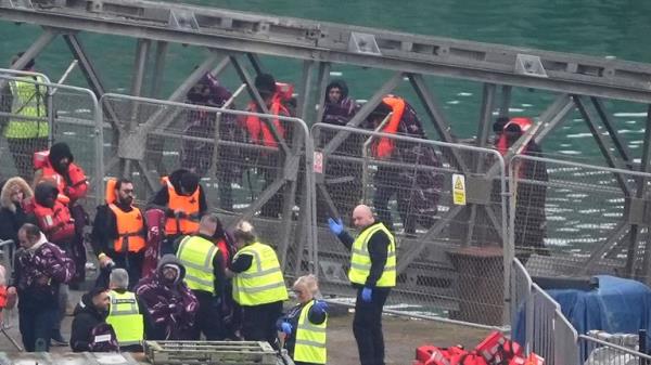 A group of people thought to be migrants are brought in to Dover, Kent, from a Border Force vessel following a small boat incident in the Channel.
Pic: PA