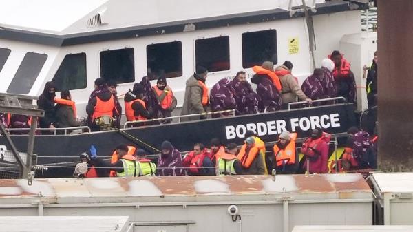 A group of people thought to be migrants are brought in to Dover, Kent, from a Border Force vessel following a small boat incident in the Channel.
Pic: PA
