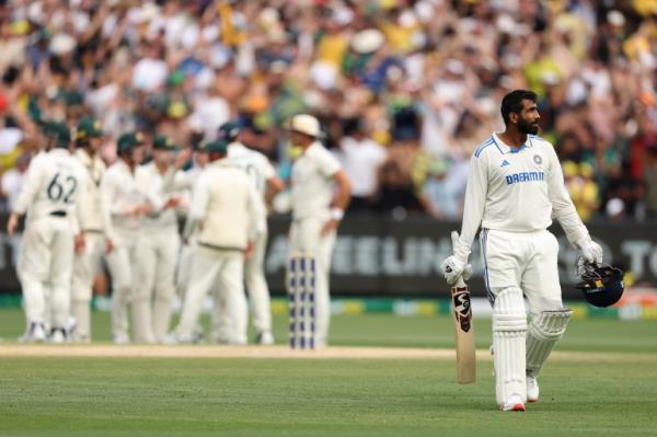 MELBOURNE, AUSTRALIA - DECEMBER 30: Jasprit Bumrah of India looks dejected after being dismissed during day five of the Men's Fourth Test Match in the series between Australia and India at Melbourne Cricket Ground on December 30, 2024 in Melbourne, Australia. (Photo by Robert Cianflone/Getty Images)