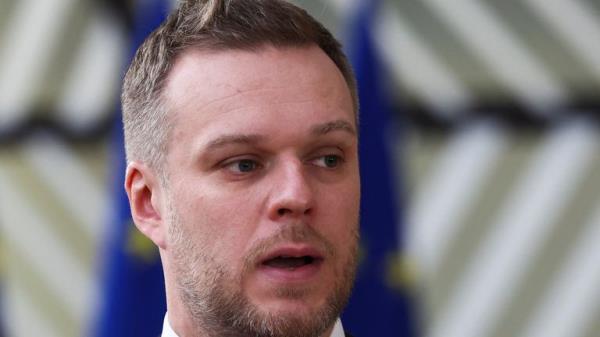 Lithuania's Foreign Minister Gabrielius Landsbergis talks to the press as he attends a meeting of European Unio<em></em>n foreign ministers in Brussels, Belgium February 19, 2024. REUTERS/Yves Herman

