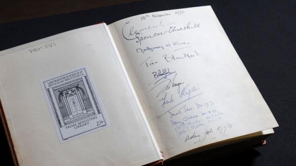 The pages marking the 250th anniversary of Downing Street with signatures of The Queen, Prince Philip, The Wilson's, The Hume's, The Callaghan's, Edward Heath, The Earl of Stockton, Margaret Thatcher and Dennis are seen in one of three Downing Street Visitors Books at the Natio<em></em>nal Archives. The three gilt-edged volumes, covering the years 1970, when Edward Heath was prime minister, to 2003 when Tony Blair was in office, have been released to the Natio<em></em>nal Archives at Kew, west London. Picture dat