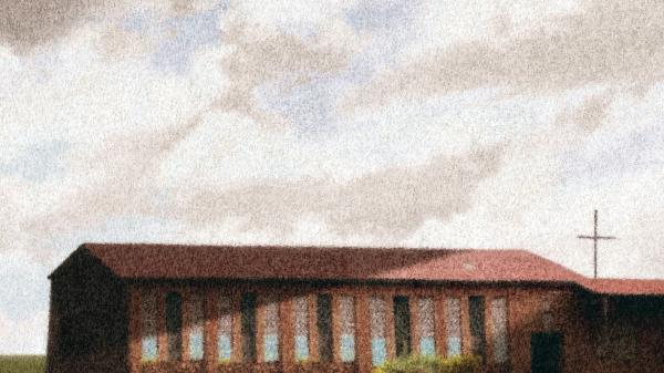 illustration of church building with many vertical windows, reddish roof, and cross with cloudy sky in background