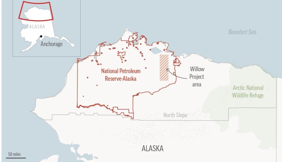 A map shows Alaska's north slope, with the Willow project area indicated within the Natio<em></em>nal Petroleum Reserve-Alaska.