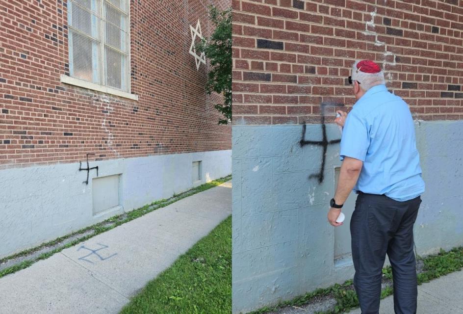 A composite image, one of them showing a man standing in front of a building spraying something on a spray-painted swastika.