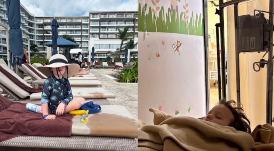 A photo collage of a boy sitting a poolside and the same boy in a hospital bed.