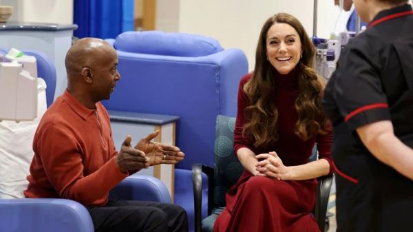 The Princess of Wales talks with Peter Burton as she visits The Royal Marsden Hospital.
Pic: Reuters