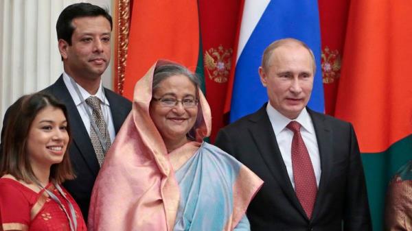 Tulip Siddiq (far left) with her aunt, Sheikh Hasina (third left), and Russian President Vladimir Putin at a 2013 signing ceremony in the Kremlin as Moscow lent $1.5bn to help build a nuclear power station. File pic: AP