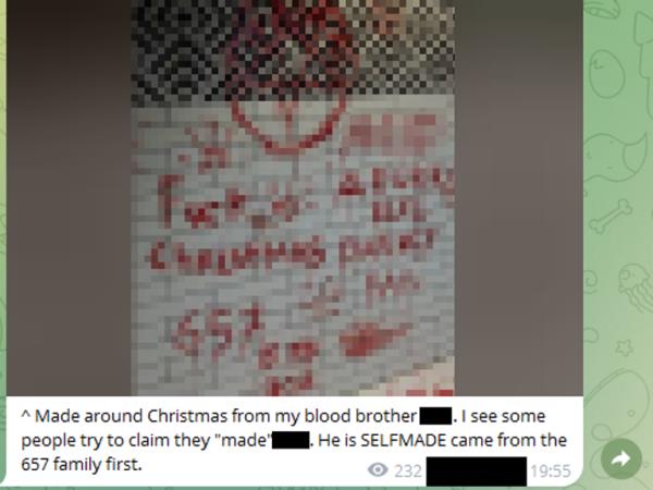 A post in a 764 affiliated Telegram space praising Finnigan under an image of a wall painted red with his pseudo<em></em>nym and satanic iconography. 