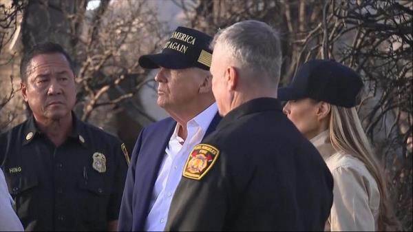 President Trump tours area affected by wildfires, says federal government behind California ’100%′
