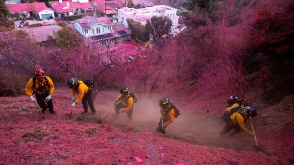 Firefighters work on a hillside covered with fire retardant. Pic: Reuters