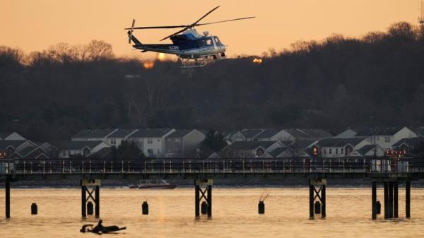 A US Park Police helicopter flies over the Potomac River near Ro<em></em>nald Reagan Washington Natio<em></em>nal Airport, Thursday, Jan. 30, 2025, in Arlington, Va. (AP Photo/Carolyn Kaster)