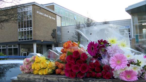 Flowers left outside All Saints Catholic High School on Tuesday.
Pic: PA