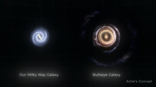 Side-by-side comparison of the Milky Way with blue colors, spiral shape and central bar and Bullseye with warmer to<em></em>nes and complete circles.