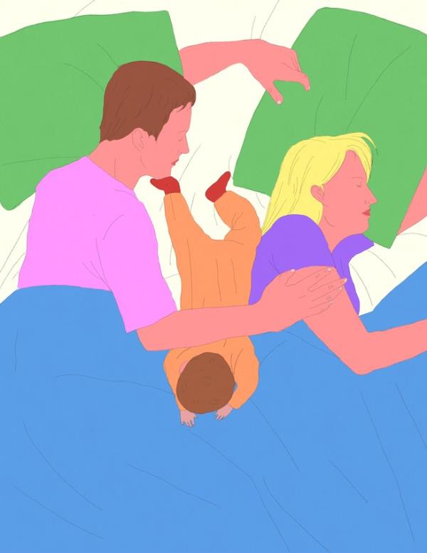 illustration of man and woman lying in bed with infant between them, one foot on man's chin