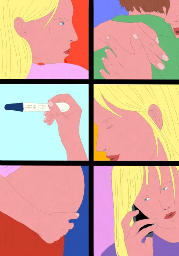 illustration with 6 panels in a grid: woman with yellow hair; people embracing; positive pregnancy test; woman with eyes closed; hand holding pregnant belly; woman on phone