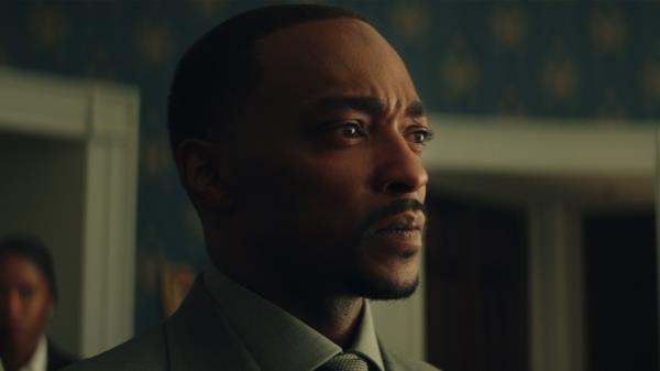 Anthony Mackie stares straight ahead in a still from the new Captain America movie