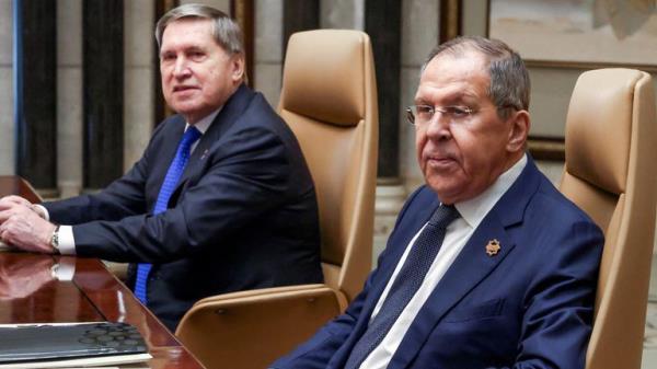 Russian Foreign Minister Sergei Lavrov sits next to Russian President Vladimir Putin's foreign policy advisor Yuri Ushakov during a meeting with U.S. Secretary of State Marco Rubio, U.S. Natio<em></em>nal Security Advisor Mike Waltz and U.S. Middle East envoy Steve Witkoff, Saudi Foreign Minister Prince Faisal bin Farhan Al Saud and Saudi Natio<em></em>nal Security Advisor Mosaad bin Mohammad Al-Aiban, at Diriyah Palace, in Riyadh, Saudi Arabia, February 18, 2025. REUTERS/Evelyn Hockstein/Pool
