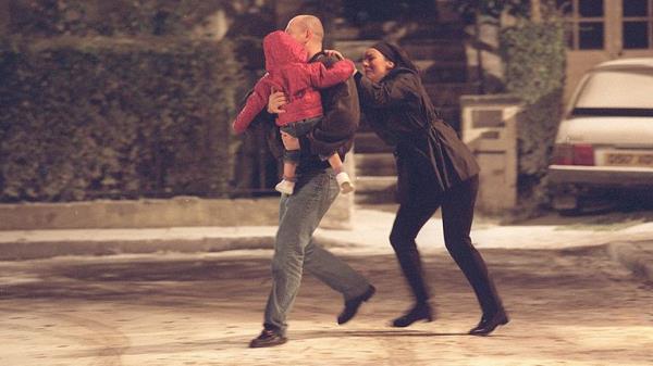 Eastenders at 40: Martin McCutcheon as Tiffany and Ross Kemp as Grant, in the scene in which Tiffany is run over by Frank. Pic: BBC/Brian Ritchie 1998