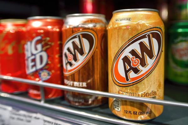 Minsk, Belarus. Jun 17, 2023. A and W Cream Soda soft drink in aluminium can, carbo<em></em>nated soft drink. Soda beverage standing on shelf for sale in supermarket