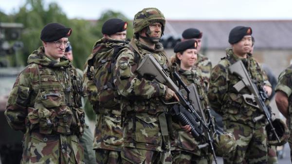 Members of the Reserve Defence Forces listening to Tanaiste Micheal Martin speaking, during the launch of the Reserve Defence Forces Regeneration and Development Plan at Cathal Brugha Barracks, Dublin. Picture date: Wednesday July 24, 2024.